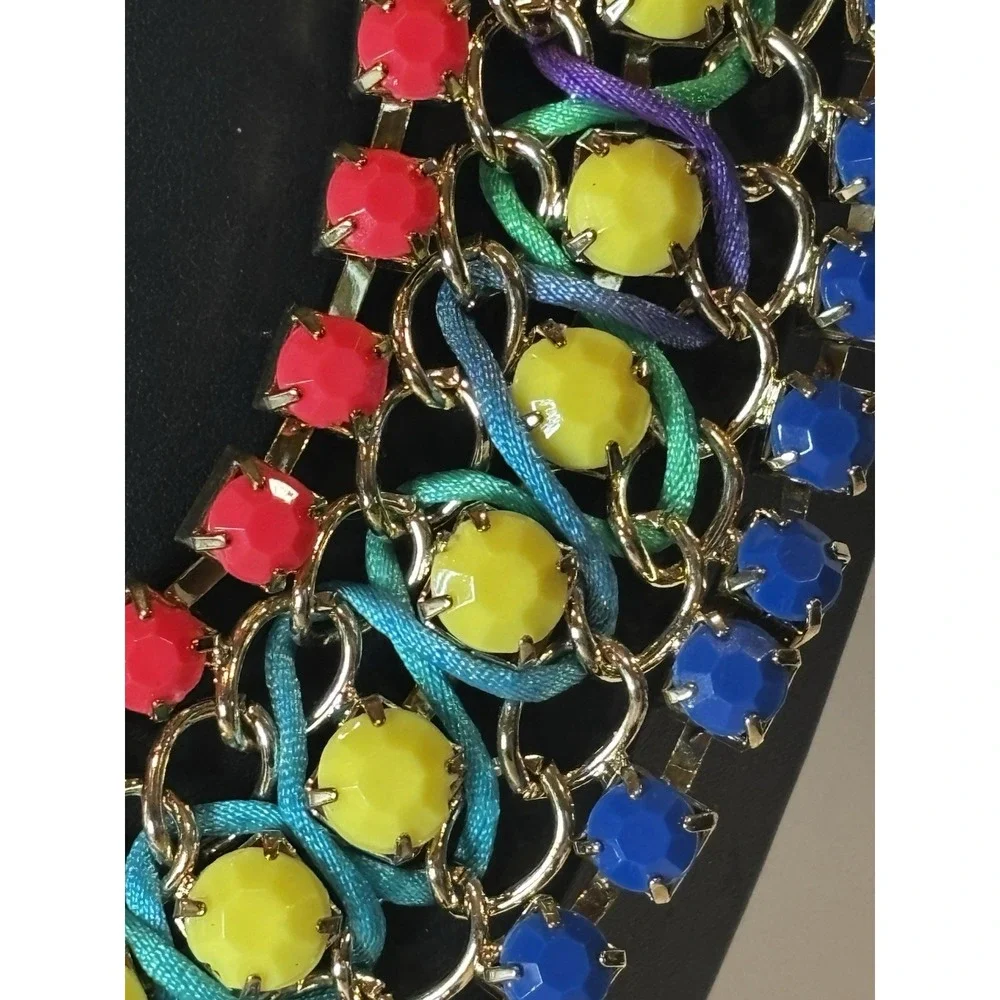 Neon Statement Bib Necklace Pink Blue Yellow Rhinestones Woven Cord 21